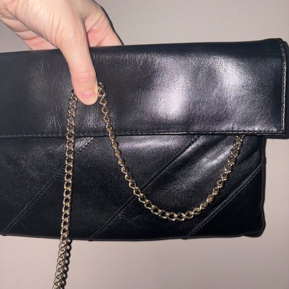 Vintage Black Genuine Leather Clutch with Chain - Picture 2 of 10